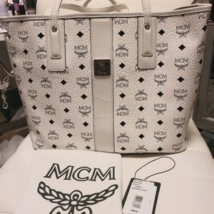 MCM White Visetos Reversible Liz Tote